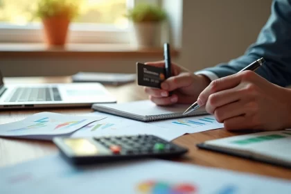 Pessoa organizando contas com cartão de crédito, calculadora, caderno e laptop sobre mesa de madeira clara