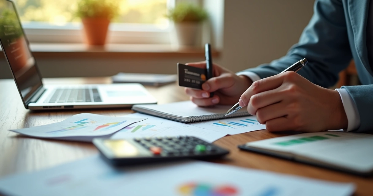 Pessoa organizando contas com cartão de crédito, calculadora, caderno e laptop sobre mesa de madeira clara