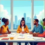 Equipe diversificada colaborando em ambiente de trabalho moderno e iluminado, simbolizando cultura organizacional saudável.