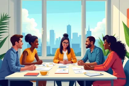 Equipe diversificada colaborando em ambiente de trabalho moderno e iluminado, simbolizando cultura organizacional saudável.