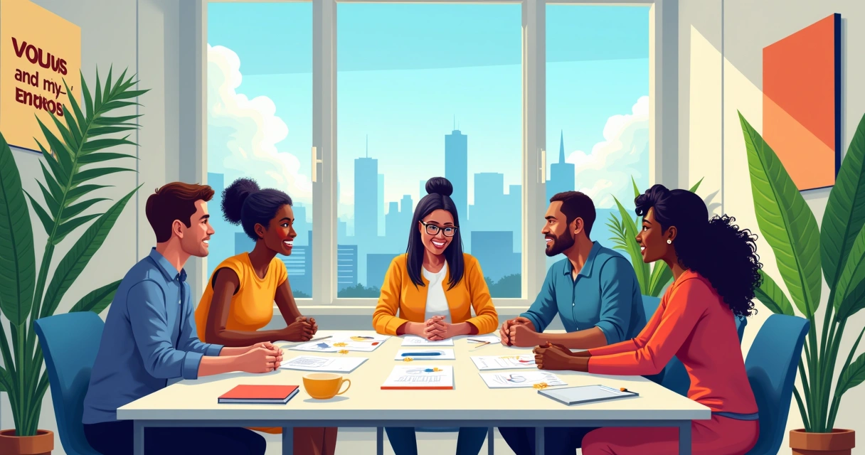 Equipe diversificada colaborando em ambiente de trabalho moderno e iluminado, simbolizando cultura organizacional saudável.