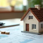 Casa e documentos financeiros sobre uma mesa de madeira, com calculadora e moedas ao lado