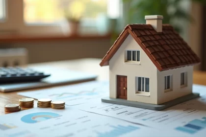 Casa e documentos financeiros sobre uma mesa de madeira, com calculadora e moedas ao lado