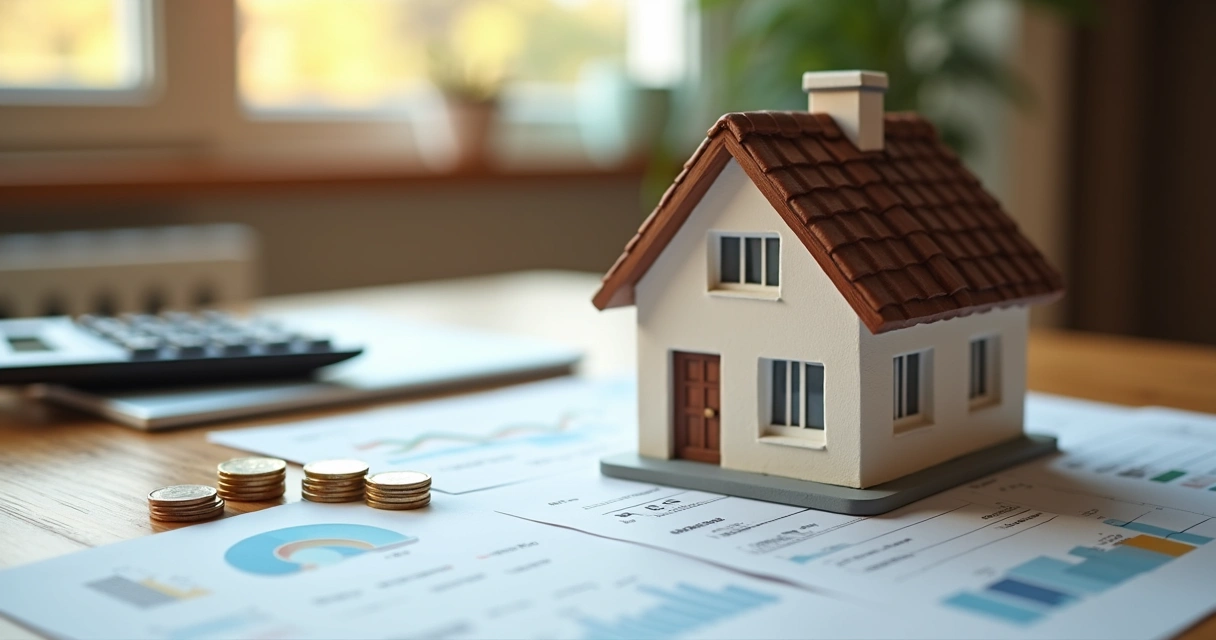 Casa e documentos financeiros sobre uma mesa de madeira, com calculadora e moedas ao lado