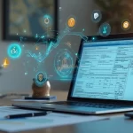 Computador com tela exibindo formulário de imposto de renda e gráficos de criptomoedas ao lado de mesa com caneta e calculadora