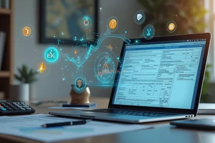 Computador com tela exibindo formulário de imposto de renda e gráficos de criptomoedas ao lado de mesa com caneta e calculadora