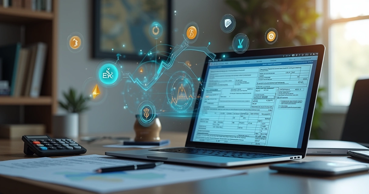 Computador com tela exibindo formulário de imposto de renda e gráficos de criptomoedas ao lado de mesa com caneta e calculadora