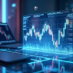 Tela com gráficos digitais e tokens de criptomoedas sobre mesa futurista