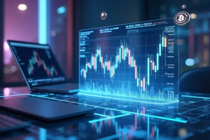 Tela com gráficos digitais e tokens de criptomoedas sobre mesa futurista