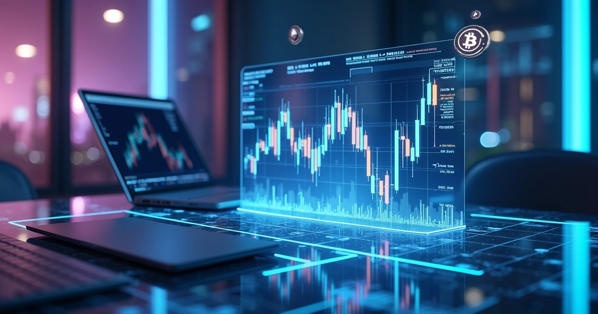 Tela com gráficos digitais e tokens de criptomoedas sobre mesa futurista