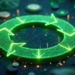 Ilustração detalhada de um gráfico financeiro verde em formato circular com setas que representam o ciclo contínuo, elementos de sustentabilidade como folhas e engrenagens ao redor, e ícones de moedas e investimentos interligados em um fundo moderno e tecnológico preto e azul escuro