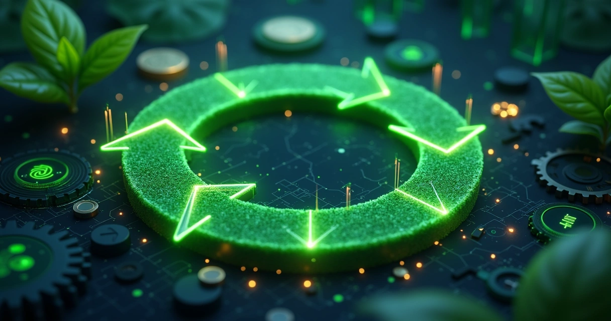 Ilustração detalhada de um gráfico financeiro verde em formato circular com setas que representam o ciclo contínuo, elementos de sustentabilidade como folhas e engrenagens ao redor, e ícones de moedas e investimentos interligados em um fundo moderno e tecnológico preto e azul escuro