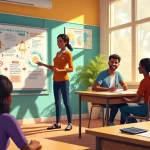 Grupo diverso em aula de educação financeira, com materiais educativos e ambiente positivo.