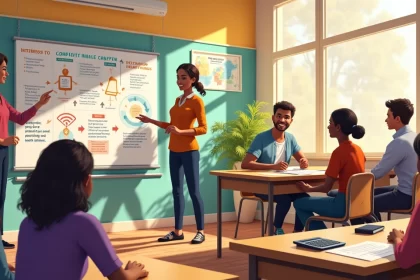 Grupo diverso em aula de educação financeira, com materiais educativos e ambiente positivo.