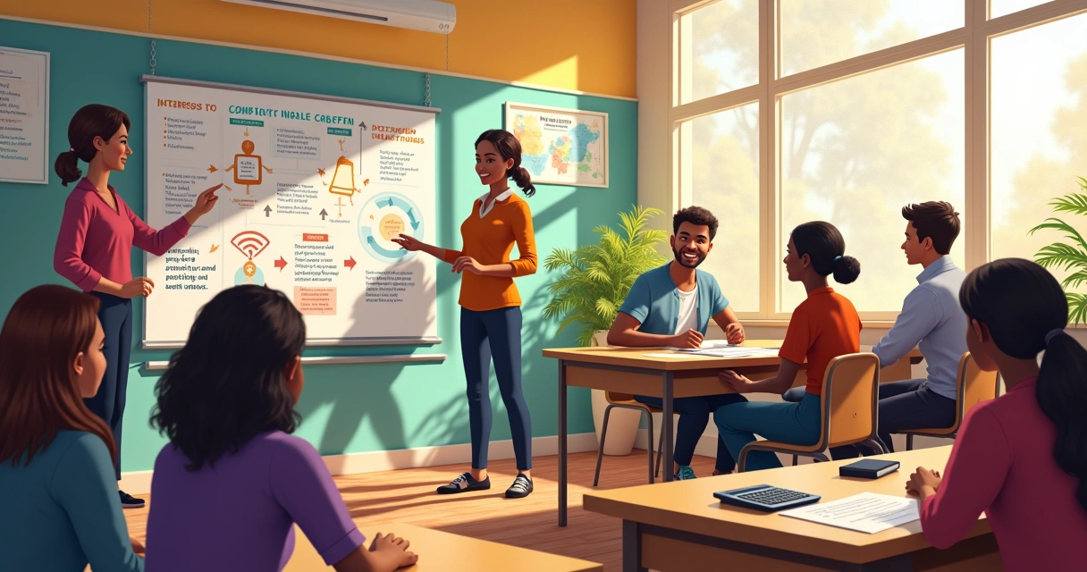 Grupo diverso em aula de educação financeira, com materiais educativos e ambiente positivo.