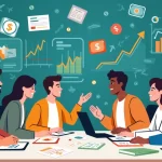 Grupo diversificado discutindo educação financeira em uma mesa com gráficos e ferramentas financeiras.