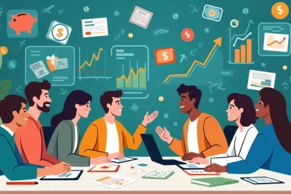 Grupo diversificado discutindo educação financeira em uma mesa com gráficos e ferramentas financeiras.