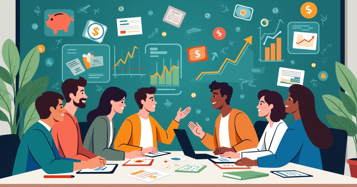 Grupo diversificado discutindo educação financeira em uma mesa com gráficos e ferramentas financeiras.