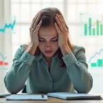 Pessoa segurando a cabeça com expressão preocupada, gráficos financeiros flutuando ao redor em fundo claro