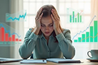 Pessoa segurando a cabeça com expressão preocupada, gráficos financeiros flutuando ao redor em fundo claro