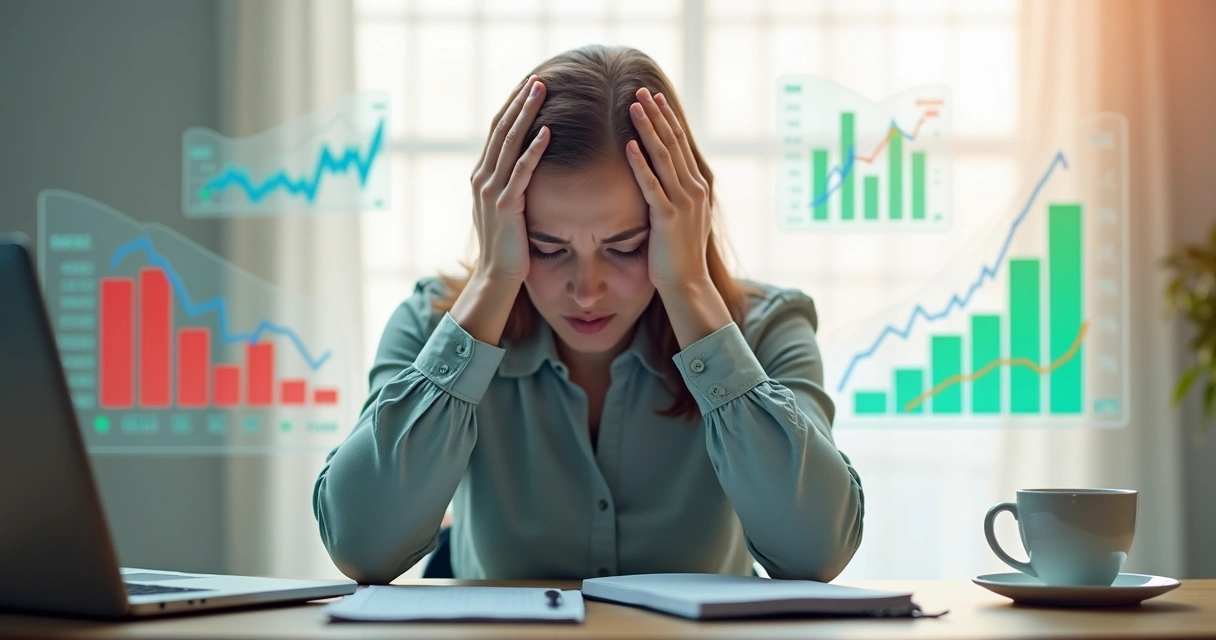 Pessoa segurando a cabeça com expressão preocupada, gráficos financeiros flutuando ao redor em fundo claro