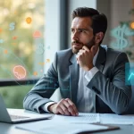 Pessoa segurando a cabeça com expressão pensativa, cercada por gráficos e elementos financeiros flutuantes