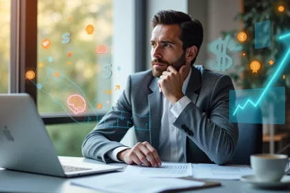 Pessoa segurando a cabeça com expressão pensativa, cercada por gráficos e elementos financeiros flutuantes