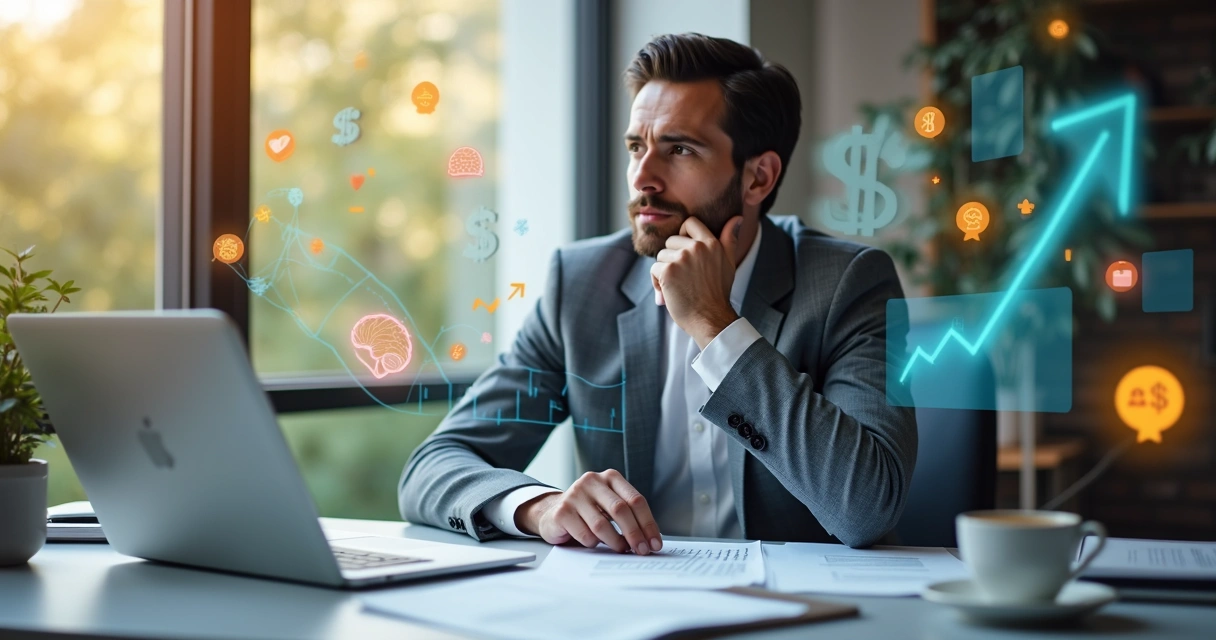 Pessoa segurando a cabeça com expressão pensativa, cercada por gráficos e elementos financeiros flutuantes