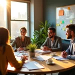 Grupo diversificado de empreendedores em um espaço moderno, rodeado de plantas e anotações motivacionais.