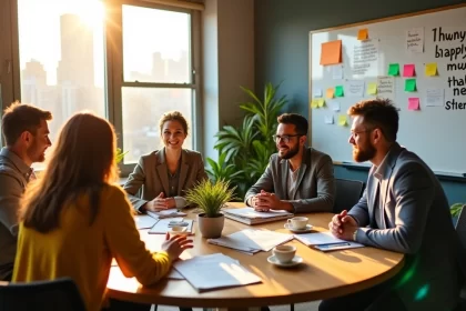 Grupo diversificado de empreendedores em um espaço moderno, rodeado de plantas e anotações motivacionais.