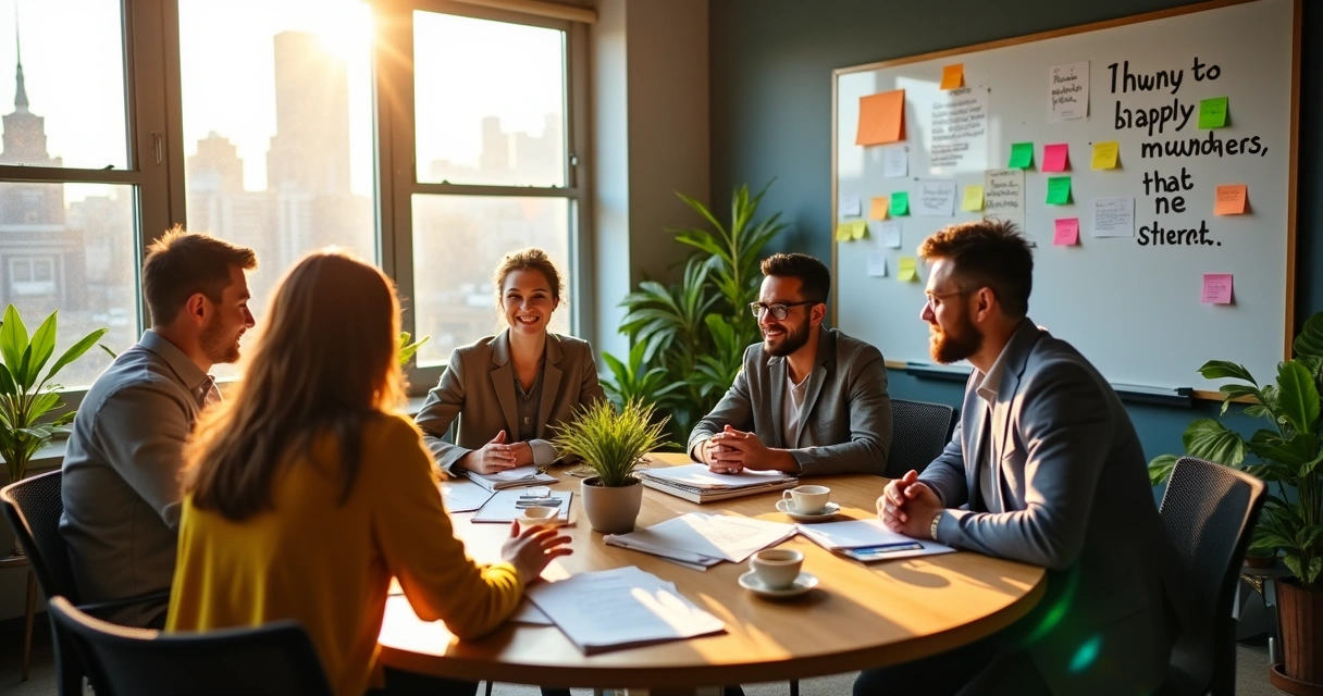 Grupo diversificado de empreendedores em um espaço moderno, rodeado de plantas e anotações motivacionais.