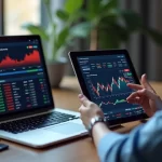 Pessoa escolhendo entre várias opções de corretoras digitais em dispositivos digitais com gráficos financeiros na tela