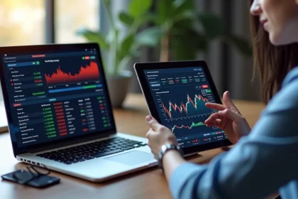 Pessoa escolhendo entre várias opções de corretoras digitais em dispositivos digitais com gráficos financeiros na tela