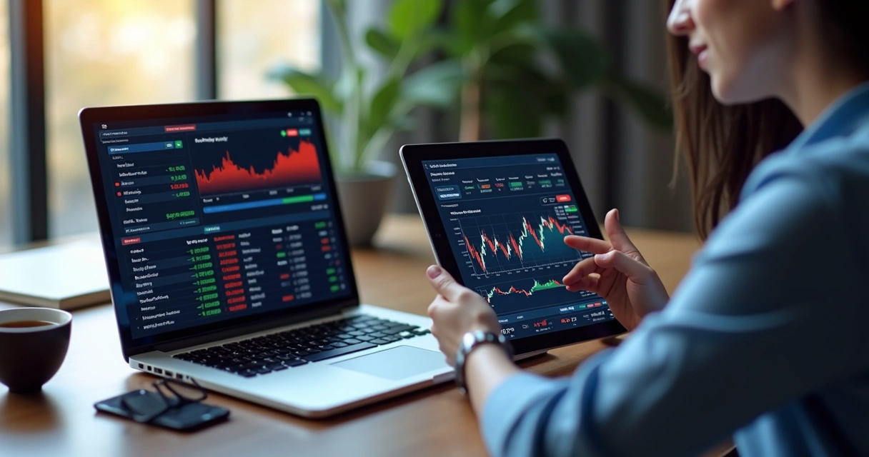 Pessoa escolhendo entre várias opções de corretoras digitais em dispositivos digitais com gráficos financeiros na tela