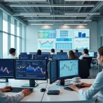 Interior moderno de escritório da CVM com trabalhadores em computadores e gráficos financeiros nas telas