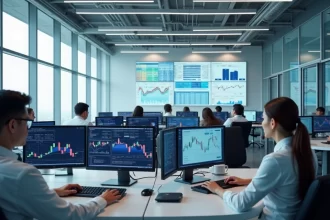 Interior moderno de escritório da CVM com trabalhadores em computadores e gráficos financeiros nas telas