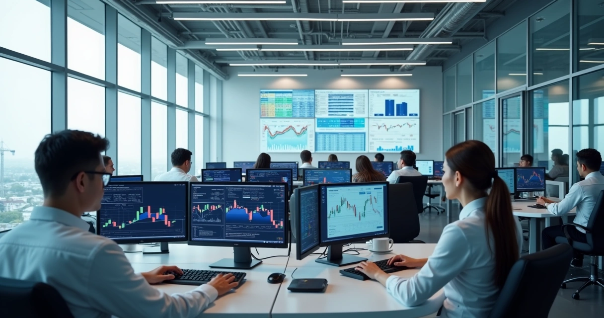 Interior moderno de escritório da CVM com trabalhadores em computadores e gráficos financeiros nas telas