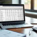 Mesa de trabalho com laptop aberto mostrando planilha de investimentos, ao lado documentos, calculadora e uma caneta sobre fundo de madeira escura