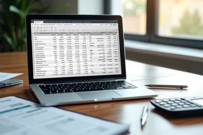 Mesa de trabalho com laptop aberto mostrando planilha de investimentos, ao lado documentos, calculadora e uma caneta sobre fundo de madeira escura