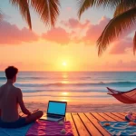 Espaço de trabalho de um nômade digital com pôr do sol na praia, laptop em uma mesa de madeira e palmeiras ao fundo.