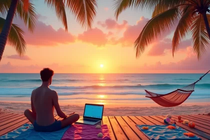Espaço de trabalho de um nômade digital com pôr do sol na praia, laptop em uma mesa de madeira e palmeiras ao fundo.