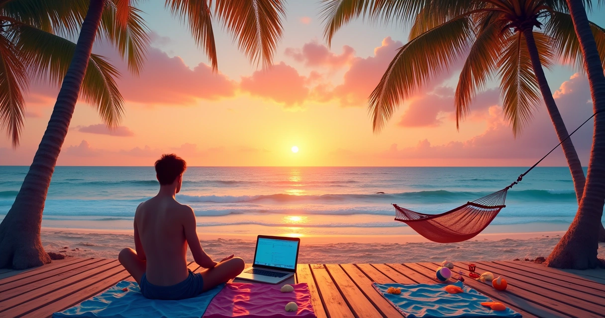 Espaço de trabalho de um nômade digital com pôr do sol na praia, laptop em uma mesa de madeira e palmeiras ao fundo.