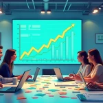 Reunião de estratégia de vendas online com profissionais em um escritório moderno.