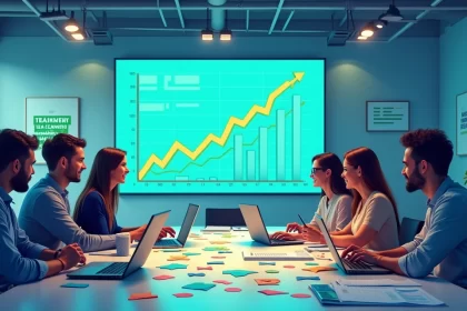 Reunião de estratégia de vendas online com profissionais em um escritório moderno.