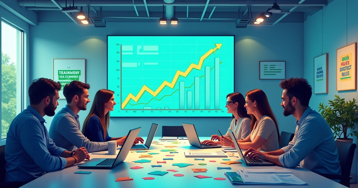 Reunião de estratégia de vendas online com profissionais em um escritório moderno.