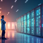 Representação da evolução tecnológica de dados para soluções de IA, ilustrando um cientista de dados.