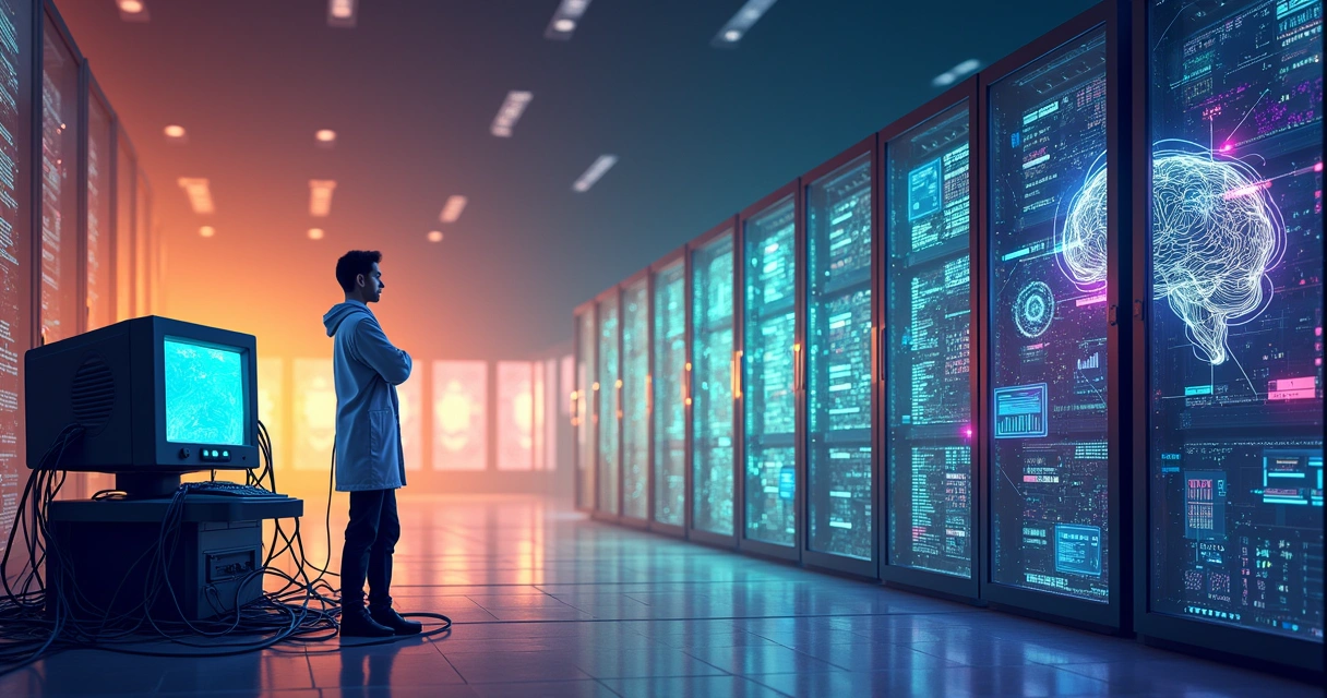 Representação da evolução tecnológica de dados para soluções de IA, ilustrando um cientista de dados.