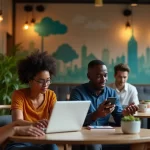 Grupo diverso de pessoas usando dispositivos digitais em um café moderno para experiências bancárias.