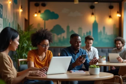 Grupo diverso de pessoas usando dispositivos digitais em um café moderno para experiências bancárias.