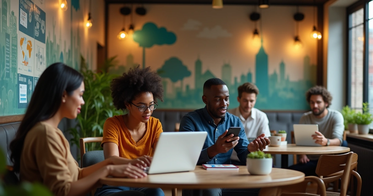 Grupo diverso de pessoas usando dispositivos digitais em um café moderno para experiências bancárias.